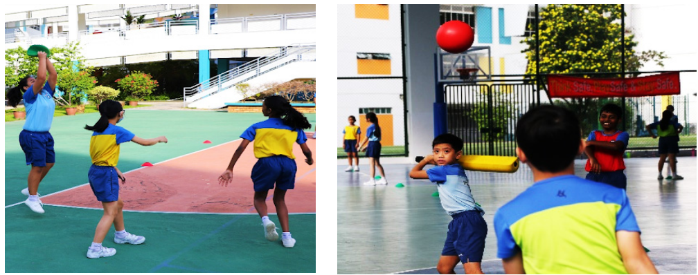 Children in blue and yellow uniforms playing ball games on outdoor school courts.